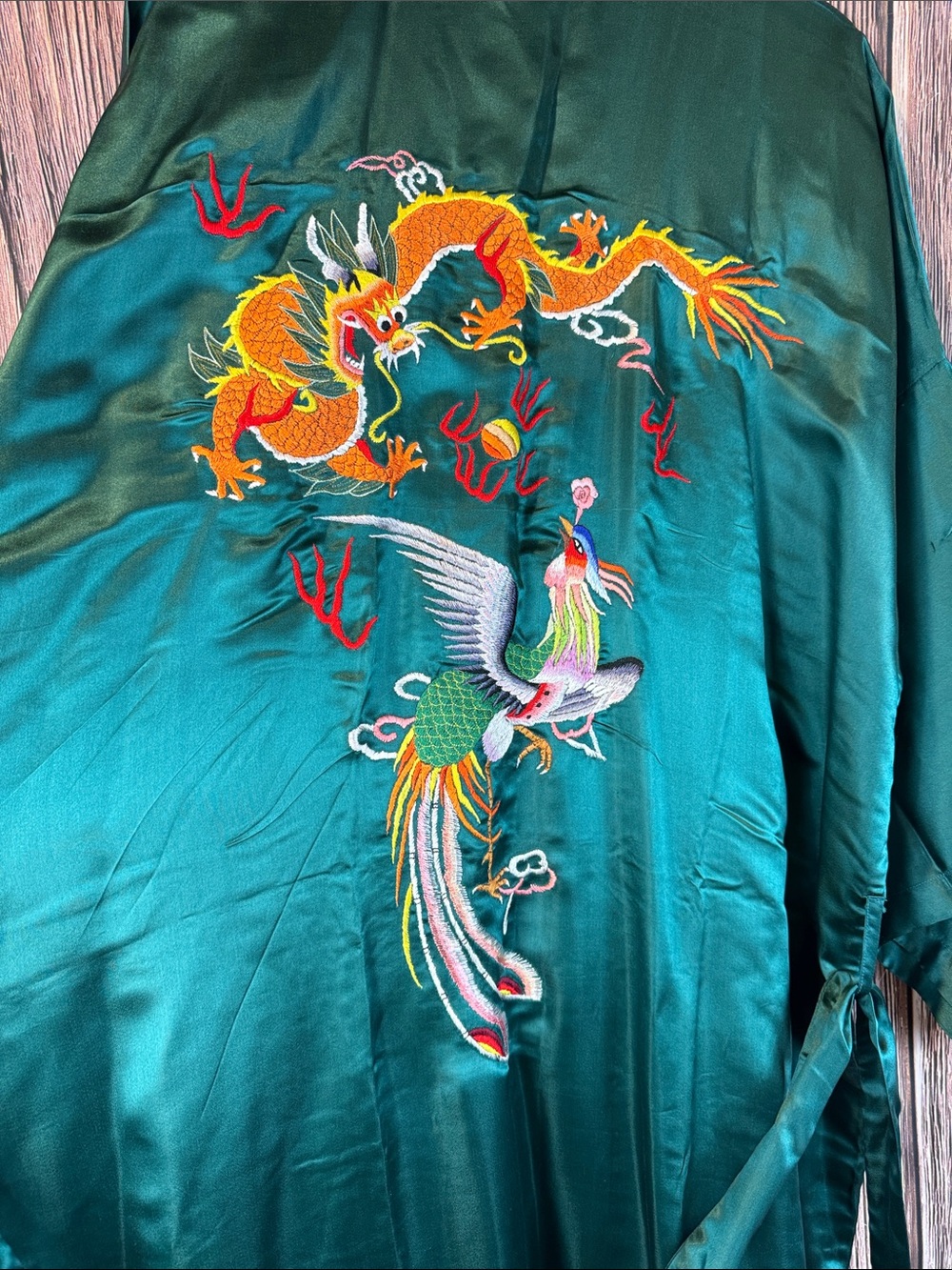 Vintage Pearl Teal Silk Kimono Robe - Picture 9 of 12